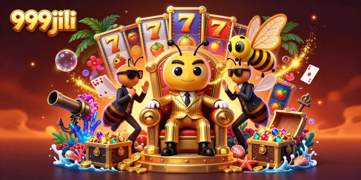 Explore exciting JILI slots and vibrant casino action with 999jili's cartoon illustration depicting a dynamic gaming scene.