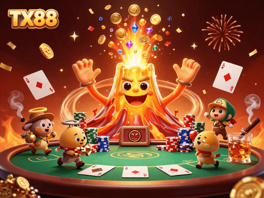 Experience the thrill of TX88 as golden treasures erupt from a volcano while animals escape with riches.