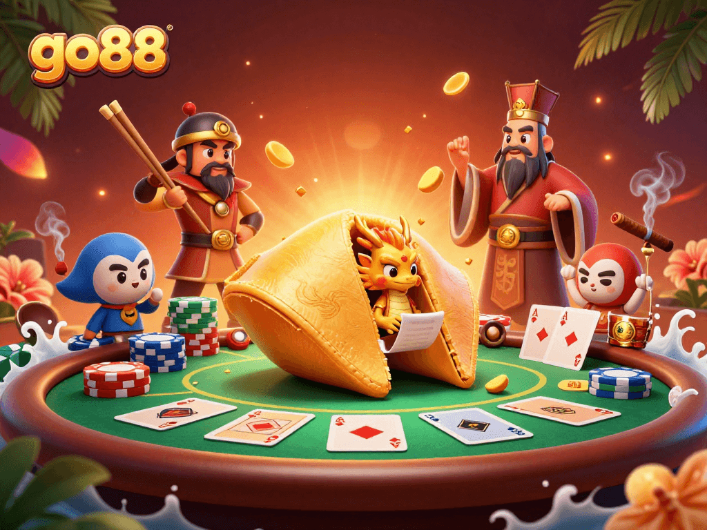 Experience thrilling poker adventures with go88’s vibrant 3D illustration featuring fortune cookies and poker elements.