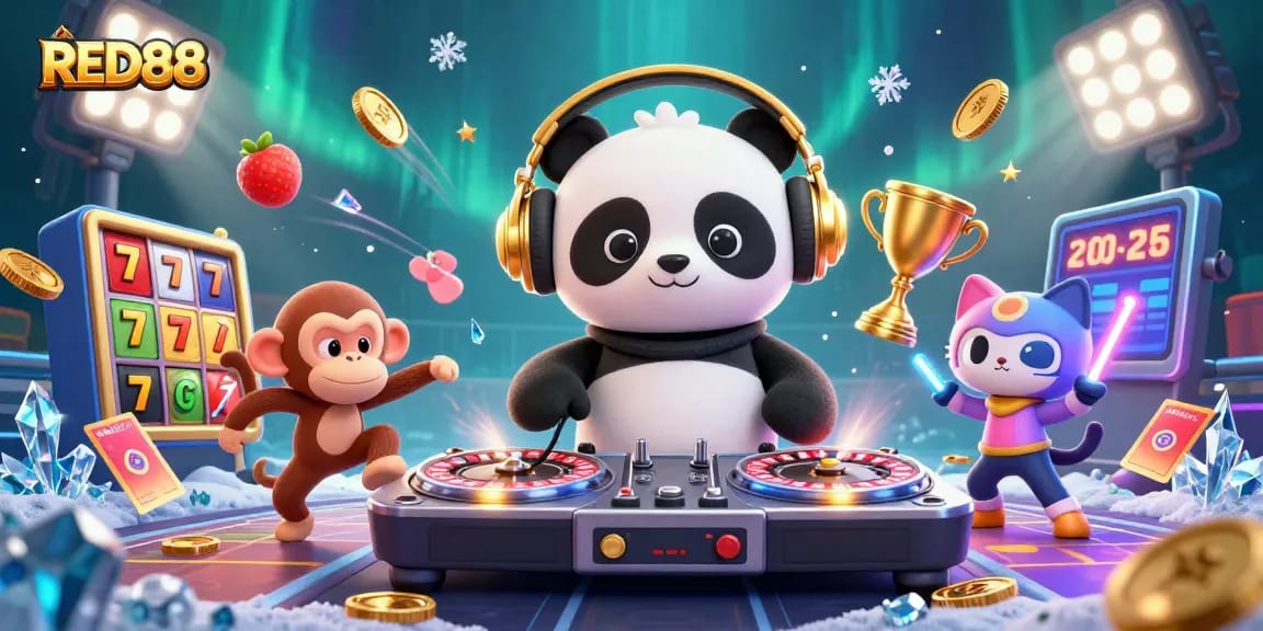 Engaging illustration of RED88 showcasing vibrant casino elements with a DJ panda, dancing monkey, and glowing kitten.