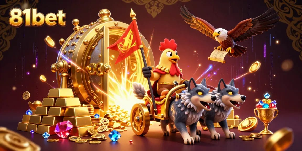 Experience 81bet's thrilling adventures with a rooster warlord and gold-filled treasures.