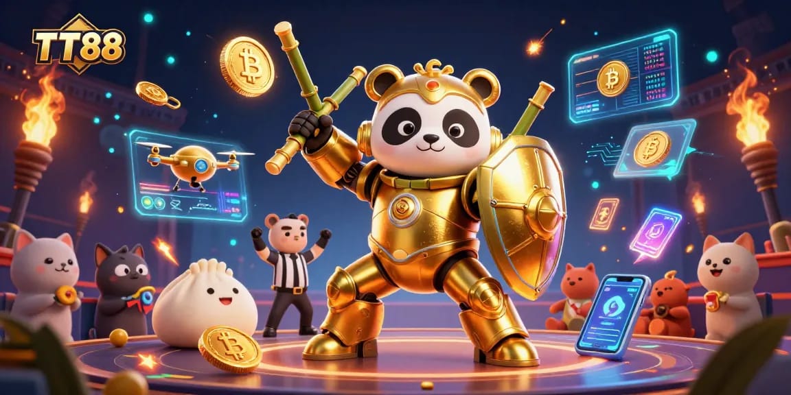 Bet on TT88 with a vibrant illustrated scene of a golden panda robot in an exciting sports arena.