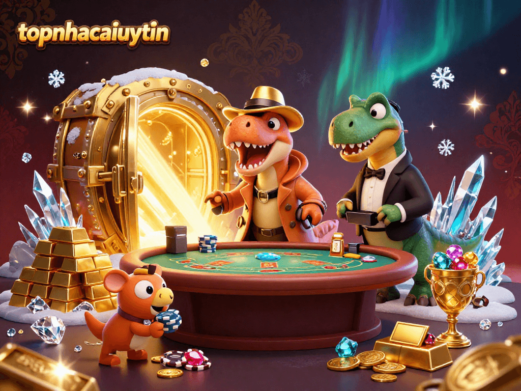 topnhacaiuytinn showcases a cunning velociraptor card counter at a blackjack table amidst luxurious casino elements.