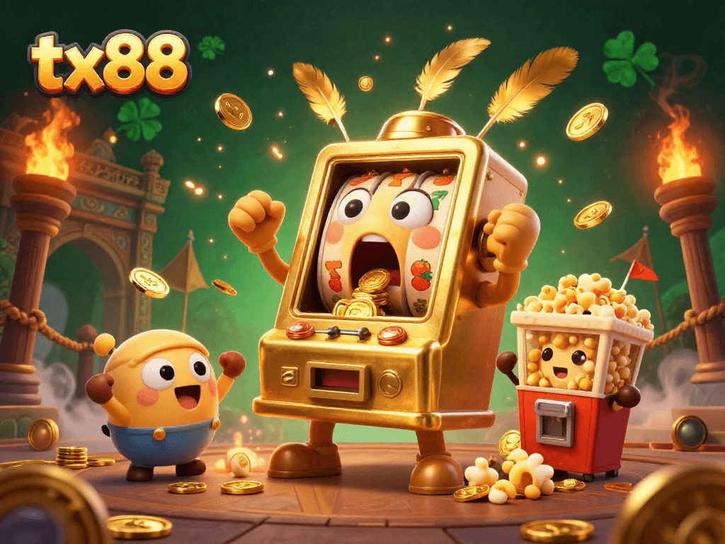 tx88 slot machine hits jackpot, spilling coins while baby machines cheer