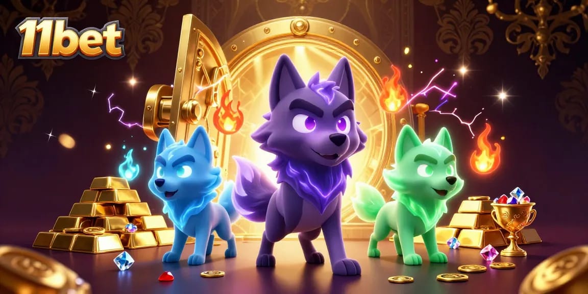 Experience the exciting world of 11bet with this vibrant 3D casino illustration featuring a mystical wolf leader amidst treasures.