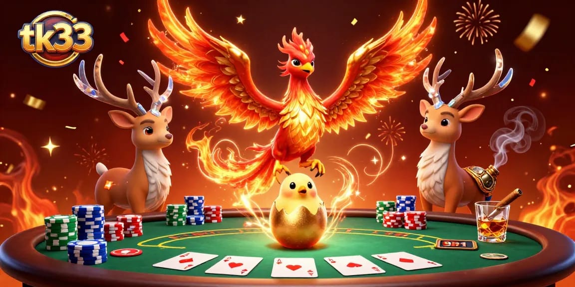 Engage in thrilling poker action at tk33 featuring a vibrant phoenix scene amid colorful chips and cards.