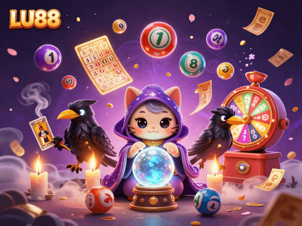 LU88 illuminates lottery excitement with a mystical cat, raven, and vibrant lottery elements.