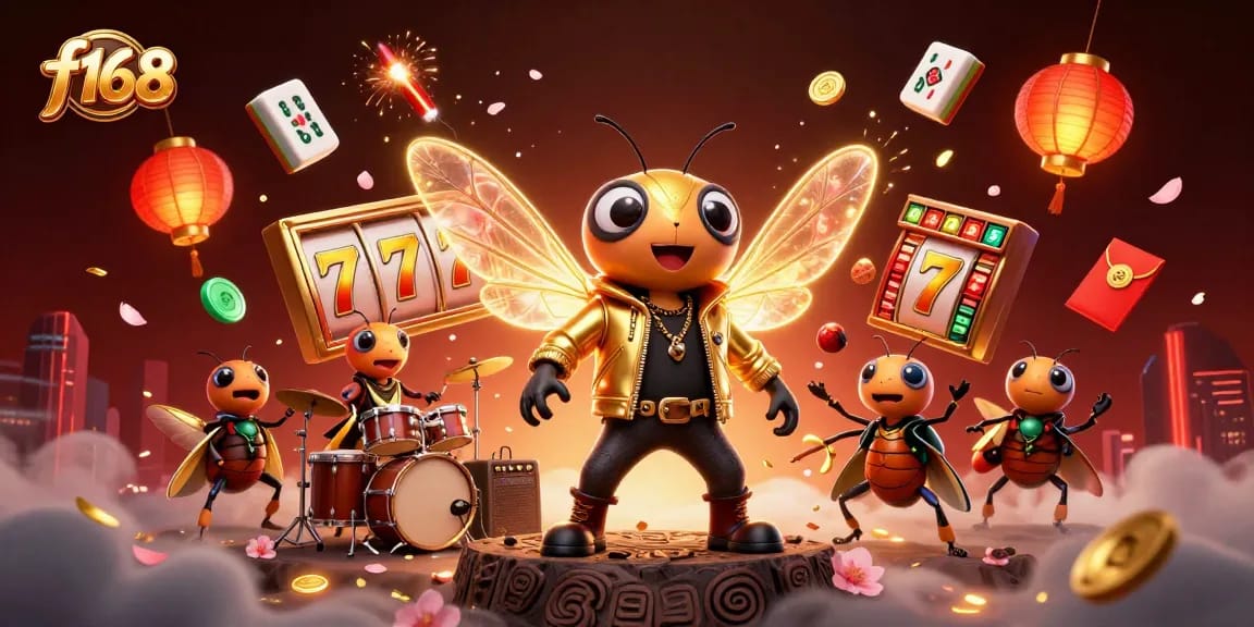 Experience the excitement of f168 with a vibrant 3D scene featuring a cicada rock star and thrilling slot games.