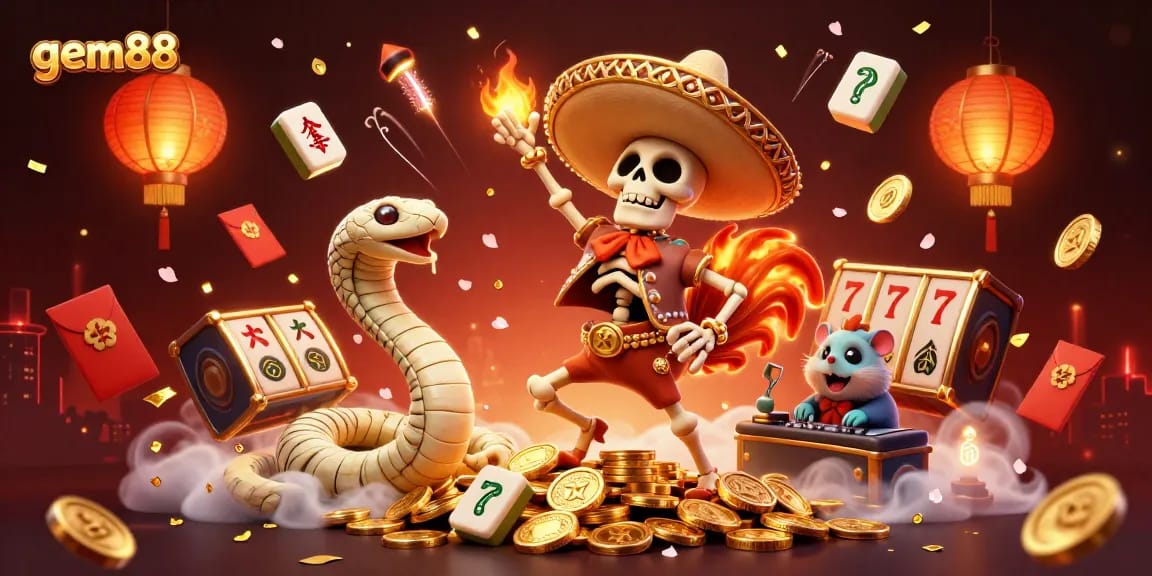 Win big at gem88 with lively 3D illustrations of a mariachi rooster and engaging casino elements.
