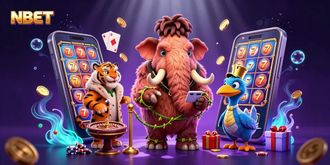 Interact with the NBET gaming scene featuring a woolly mammoth bouncer, saber-tooth tiger guest, and vibrant slot game.