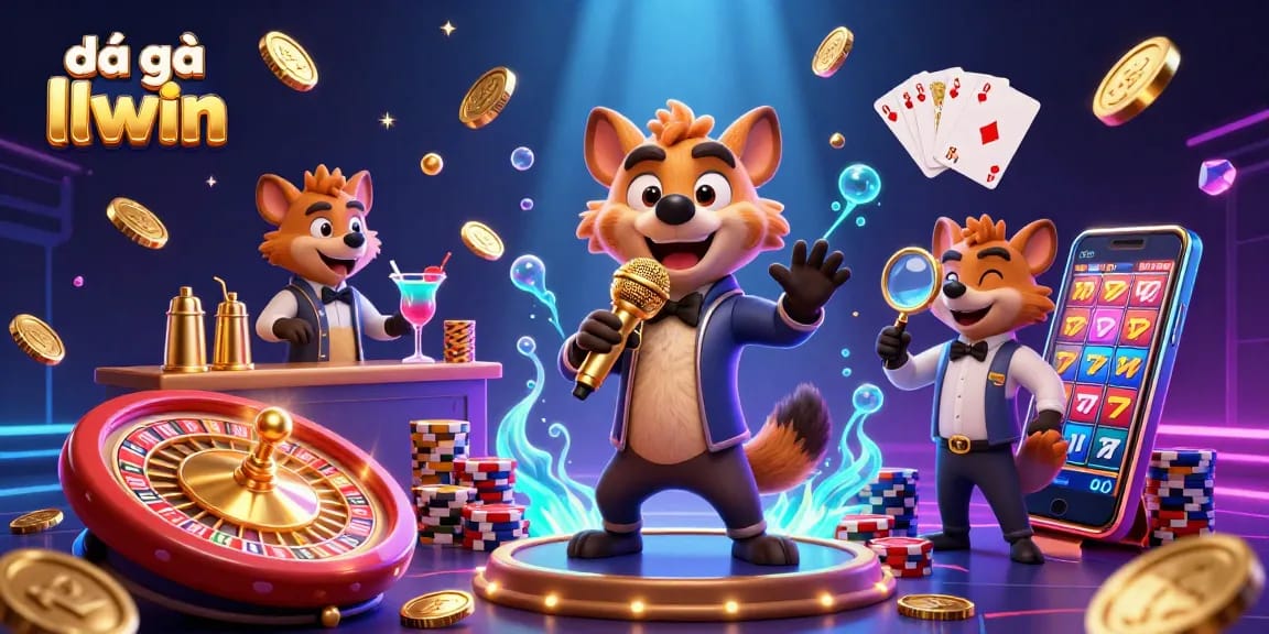 Engage with đá gà llwin in a vibrant cartoon casino scene showcasing lively characters and dynamic gambling elements.