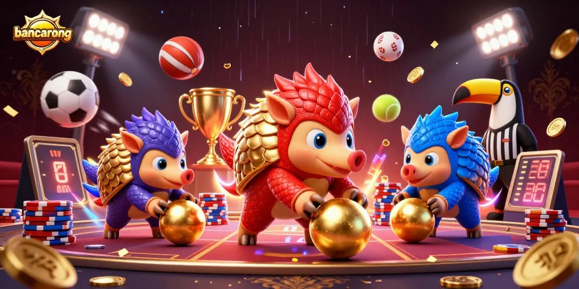 Engage with the dynamic action of bancarong as cartoon pangolins compete in a thrilling casino scene.