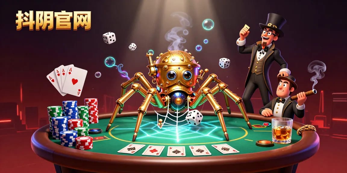 Winning strategies at 抖阴官网 with a lively steampunk spider and cards in a vibrant casino scene.