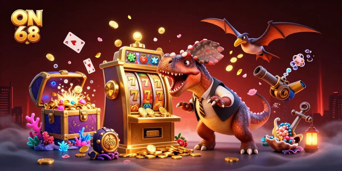 Spin the reels and win big with ON 68's fun casino scene filled with thrilling action!