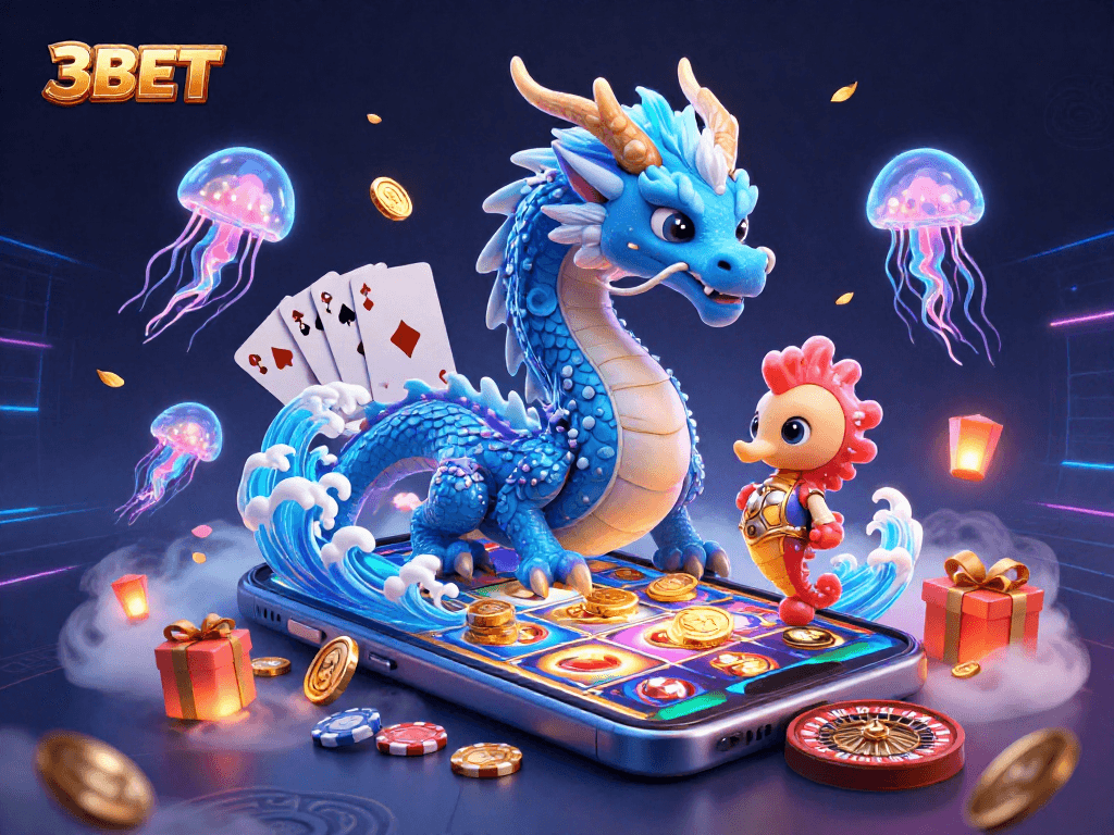 Experience the enchanting world of 3BET with a vibrant 3D illustration of a water dragon and casino elements.