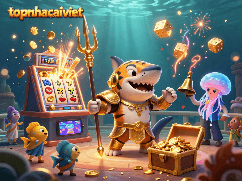 Experience thrilling wins at topnhacaiviet with dynamic underwater casino action featuring a tiger shark and vibrant gaming elements.