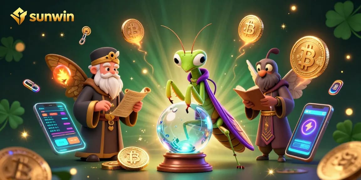 Experience sunwin with a vibrant 3D scene showcasing fortune teller and crypto elements.