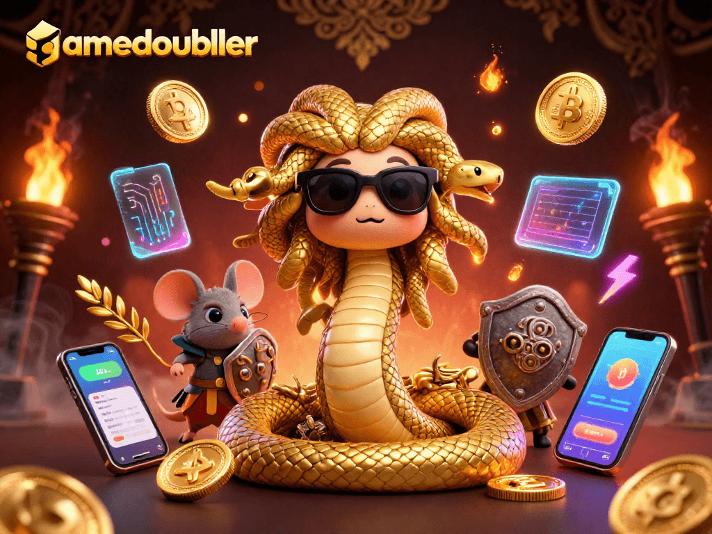 Engage with gamedoubler's vibrant 3D casino scene featuring characters and crypto elements.