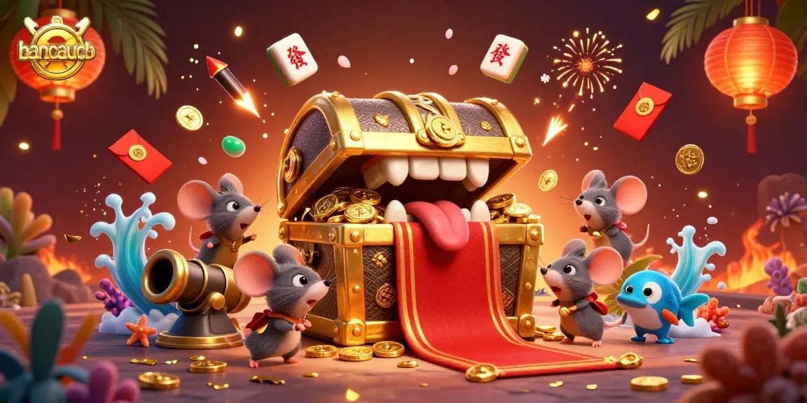 Experience thrilling gameplay in bancaucb with sea creatures, treasure chests, and winning elements in a vibrant illustration.