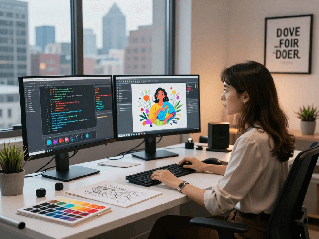 A female animator working on innovative nsfw ai designs in a contemporary studio with multiple screens showcasing vibrant digital art.