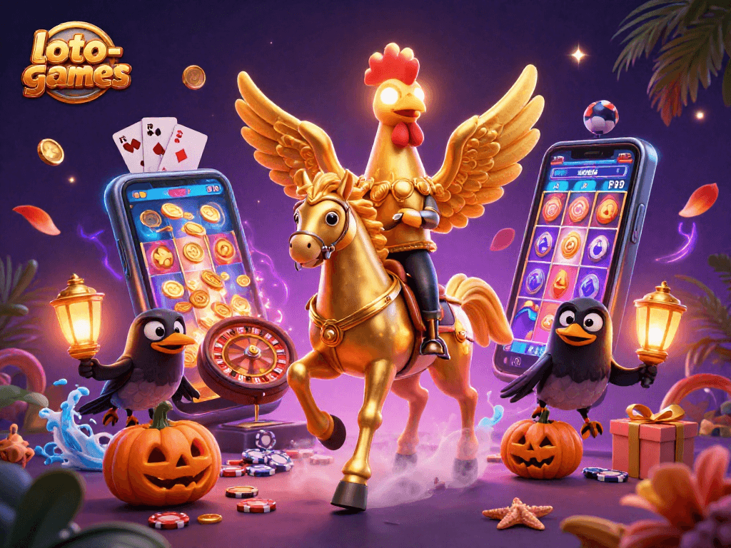 Loto-games players enjoy vibrant casino action with a golden rooster and dynamic slot game elements