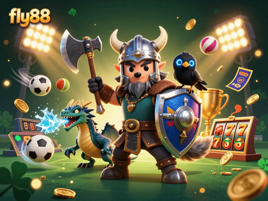 Experience thrilling gaming action with fly88's vibrant casino illustration showcasing dynamic characters and exciting game elements.