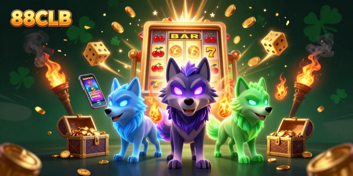 Spin the reels at 88CLB, featuring vibrant slot elements and captivating wolf spirits.