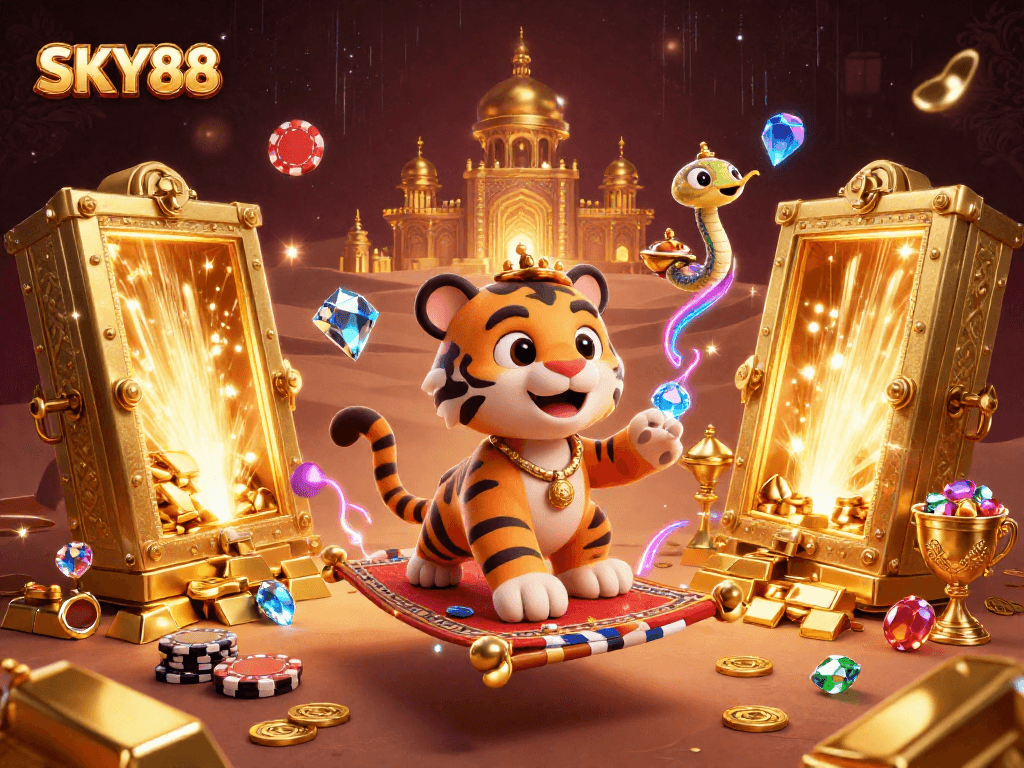 SKY88 offers addictive gaming with a vibrant casino scene featuring a magical tiger sultan.