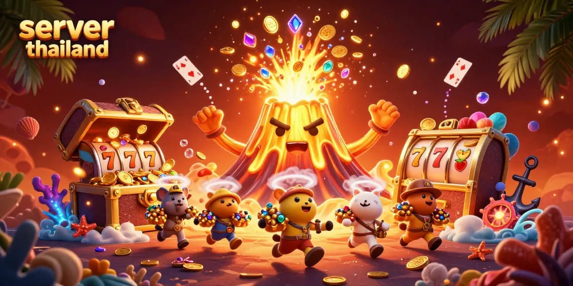 Spin the server thailand slots amid a spectacular eruption of treasure, with vibrant casino elements.