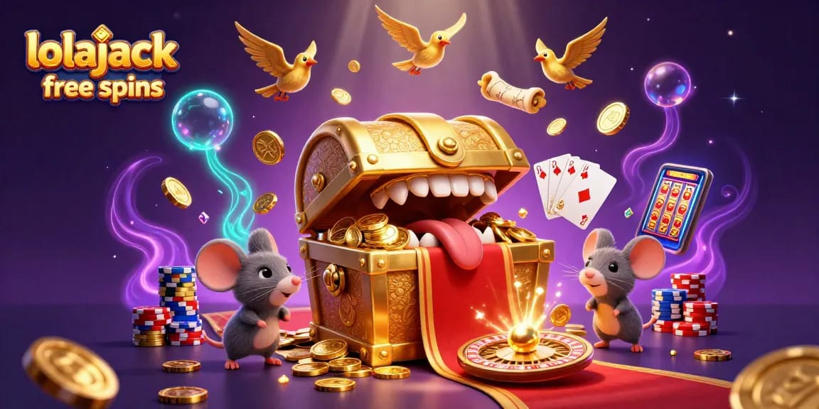 Engage with exciting lolajack casino free spins and animated 3D casino elements glowing in vibrant colours.