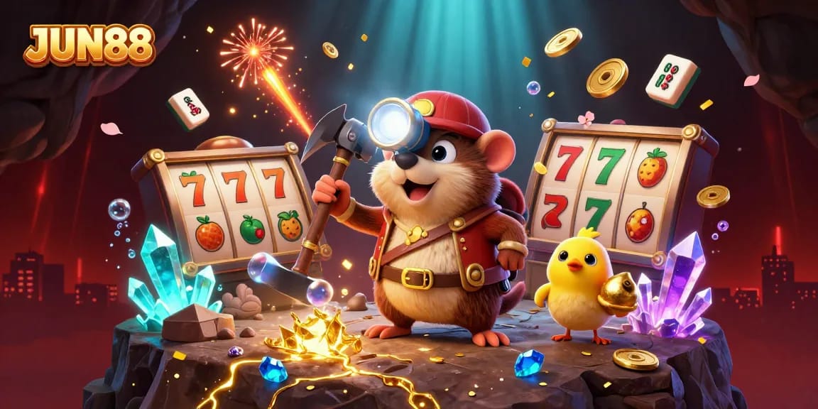 Engage with JUN88 to win big at online slots, featuring vibrant treasure hunter mole in action.