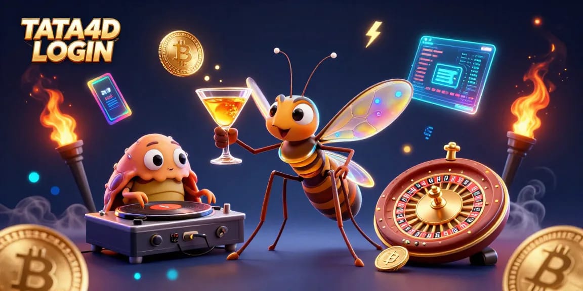 TATA4D LOGIN - Engage with vibrant casino features through an interactive banner illustration showcasing crypto elements, slots, and lively characters.