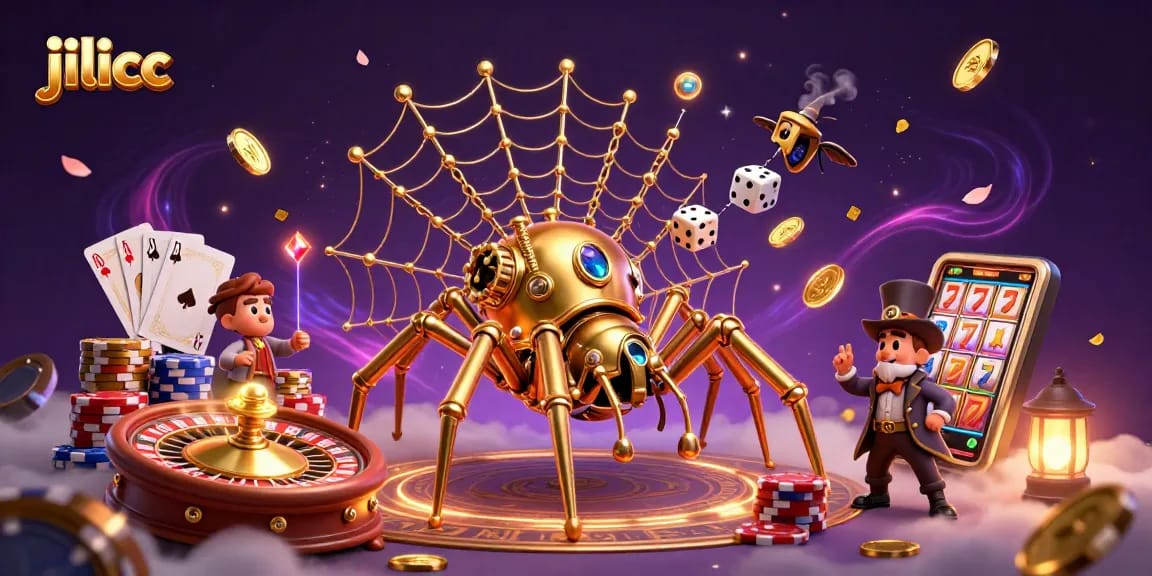 JILICC offers thrilling gameplay with a steampunk spider and vibrant casino elements.