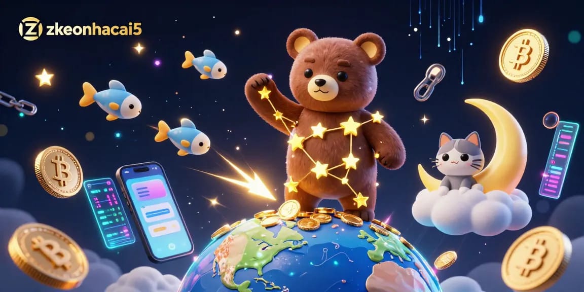 Play with zkeonhacai5 and secure glowing Bitcoin and Ethereum rewards in a vibrant cosmic scene.