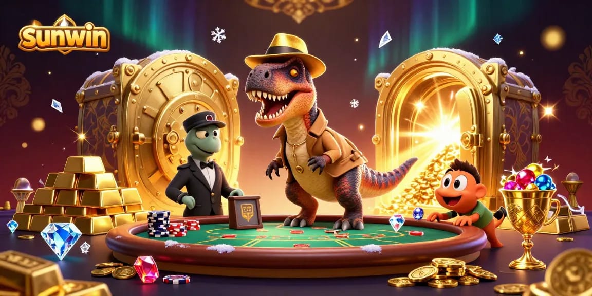 Engage with the sunwin casino scene, where a velociraptor attempts to blend in among casino antics, surrounded by magnificent treasures.