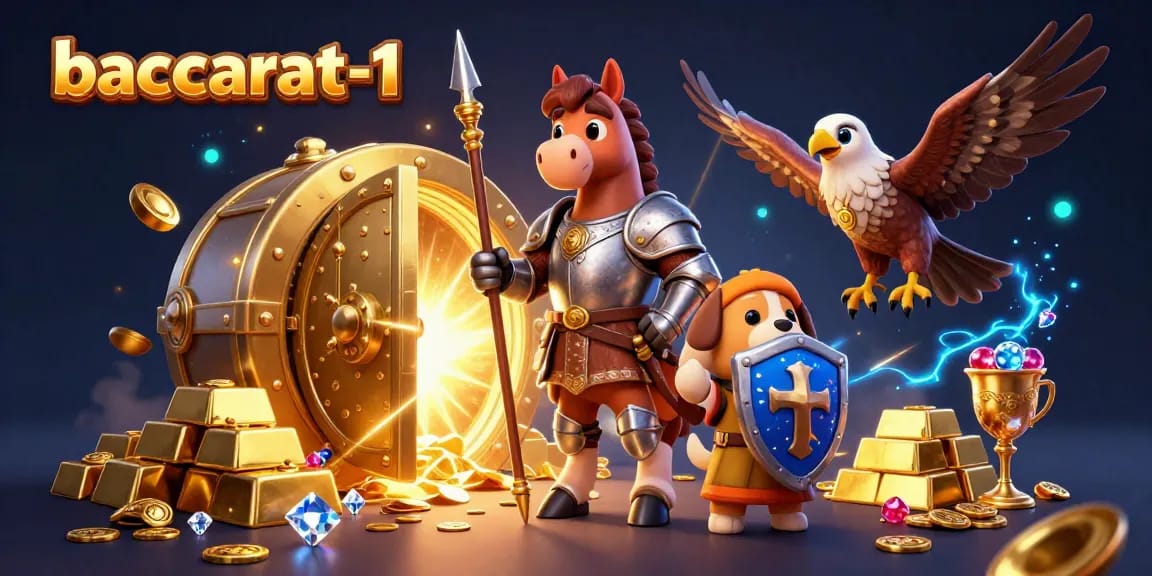 Engage in thrilling baccarat-1 action with a knight, puppy, and falcon amidst dynamic casino treasures.