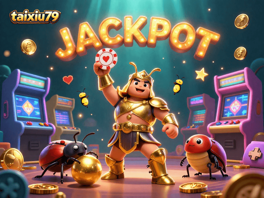 Experience a thrilling taixiu79 casino adventure with a hercules beetle champion, golden elements, and vibrant games.