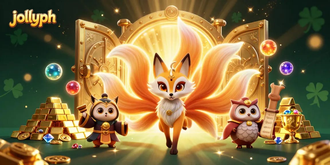 Engage with jollyph's vibrant casino experience with a colorful nine-tailed fox and wise owl surrounded by treasures.