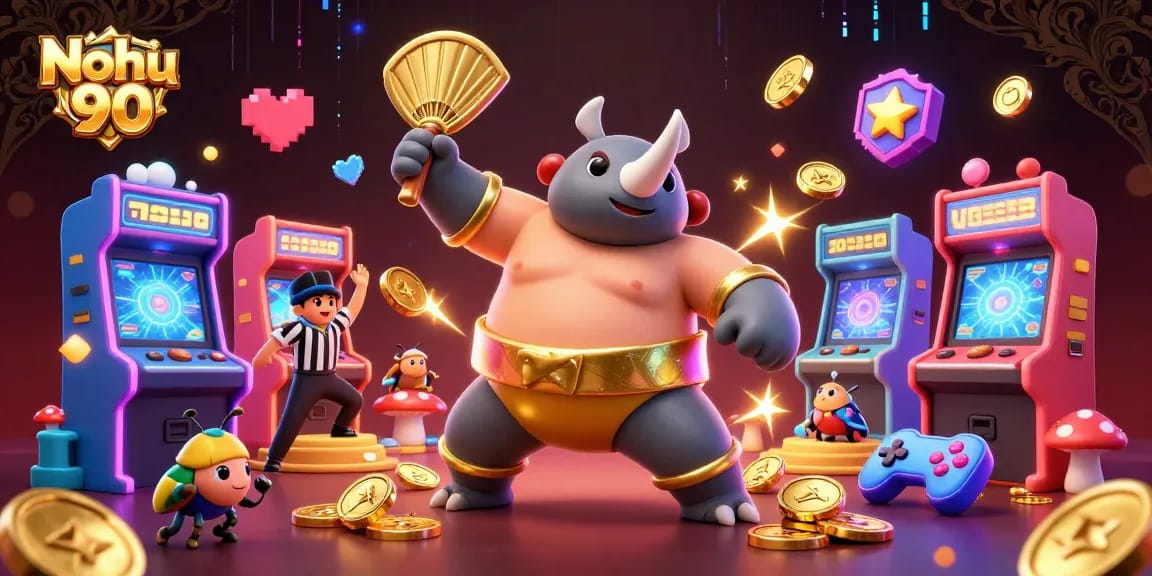 Nohu 90 offers exciting adventures with a dynamic 3D illustration featuring a sumo beetle shooting coins.