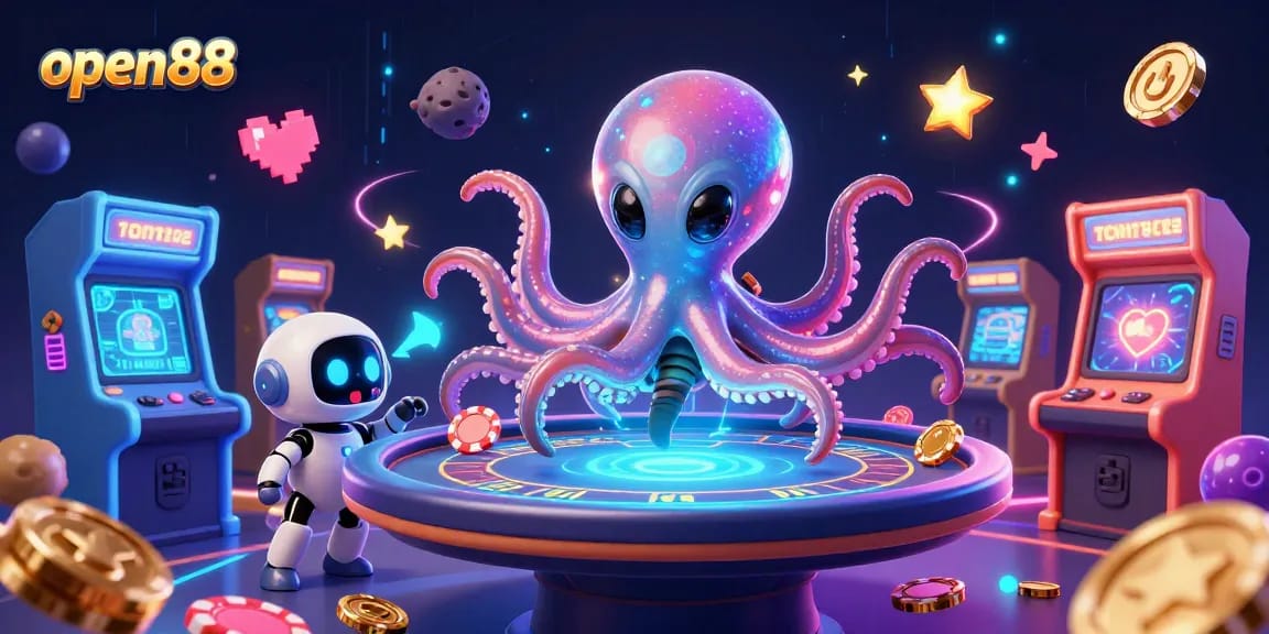 Experience thrilling games at open88 with an alien octopus and robot playing poker amidst vibrant casino elements.