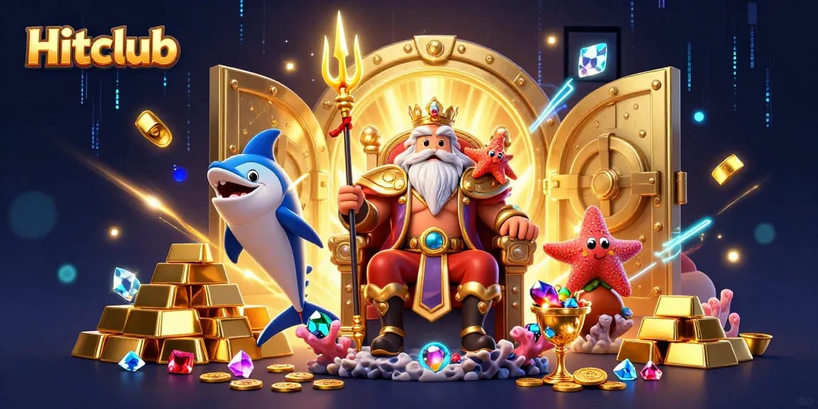 Experience jackpots at Hitclub with a vibrant underwater casino theme featuring Neptune and treasures.