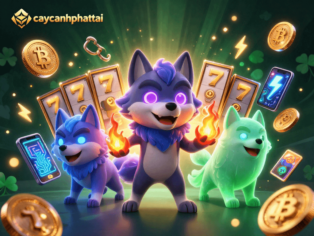 Win big with caycanhphattai in a vibrant 3D casino scene featuring slot reels and glowing currency coins.