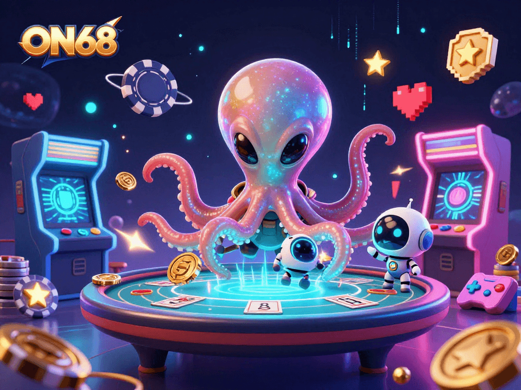 ON68 presents a vibrant scene with an alien octopus at a poker table, surrounded by gaming elements.