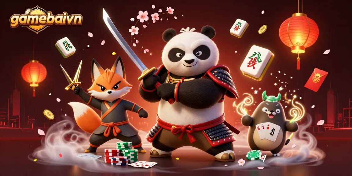 Engage in intense poker strategy action with gamebaivn as friendly samurai panda and ninja fox team up.