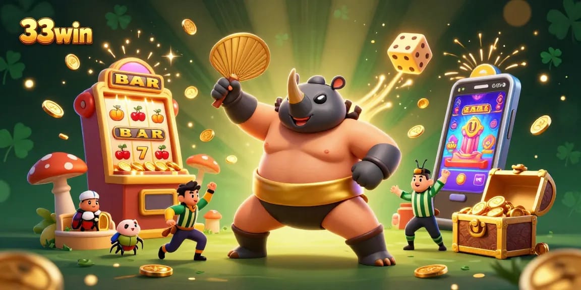 Engage with the thrilling 33win jackpot scene featuring a beetle champion and casino elements.