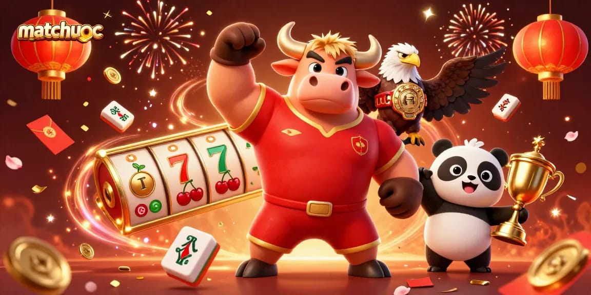 Win big with matchuoc as the charismatic bull mascot celebrates in a vibrant casino scene.