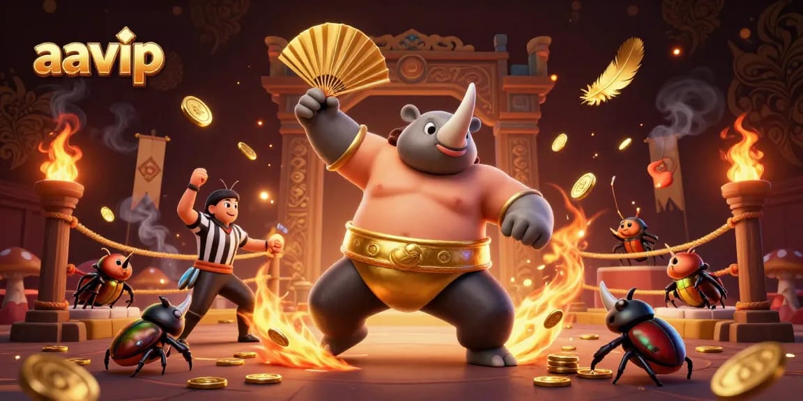 AAVIP casino scene capturing a beetle sumo champion amidst flying coins, showcasing exciting gameplay.