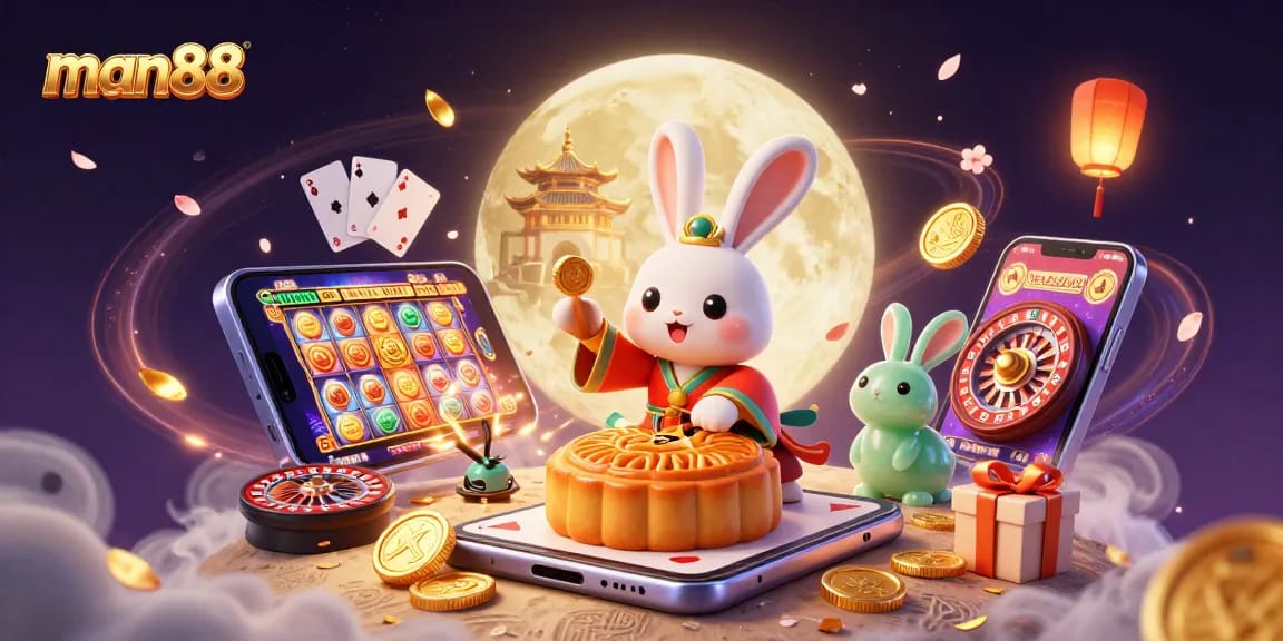 Experience winning thrills with man88 as a moon rabbit showcases mooncakes revealing poker chips.