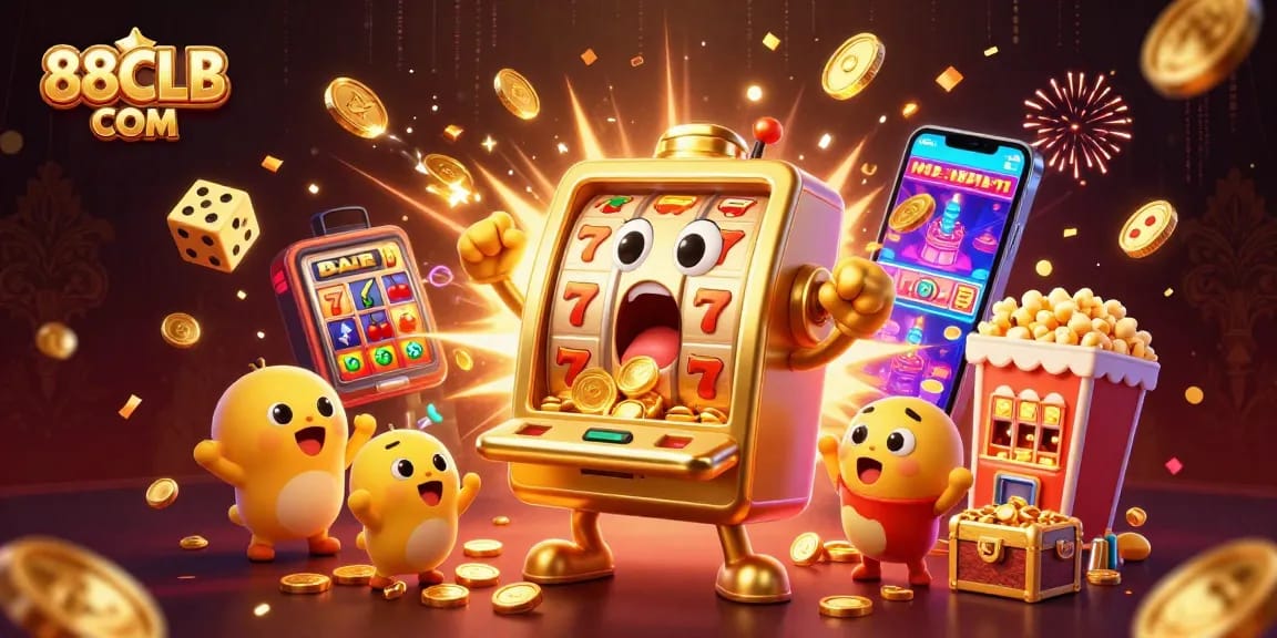 Win big with 88CLB COM as golden slot machines celebrate jackpots with sparkling coins and festive elements.