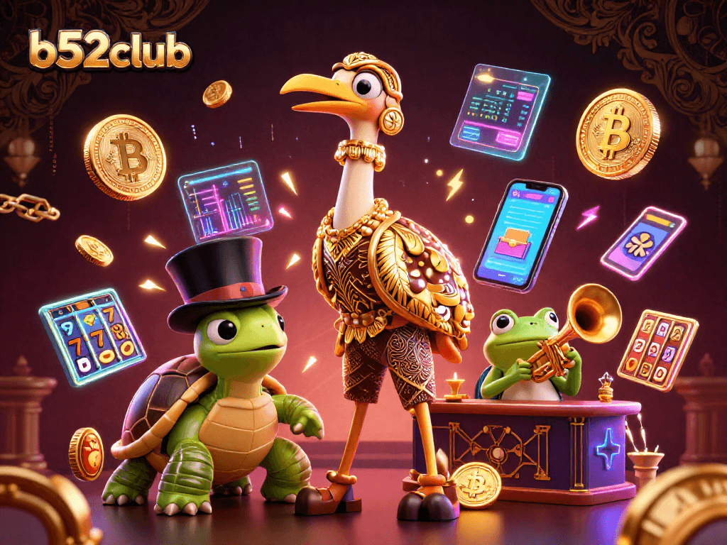 Spin the reels with b52club's vibrant 3D characters in a lively casino scene.